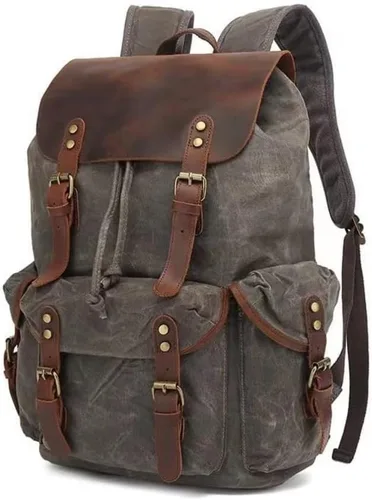 Cuero genuino lona encerada mochila viaje mochila portátil bolsa Gris