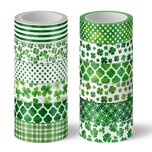 Whaline 12 rollos de cinta Washi del día de San Patricio, cinta adhesiva verde Washi con patrón de trébol de la suerte, calcomanías de papel