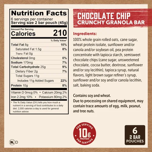 Miniatura 3 de Kodiak Cakes Barritas crujientes de granola Protien, chispas de chocolate, alto contenido de proteínas, 100% granos integrales, 12 cajas con 6