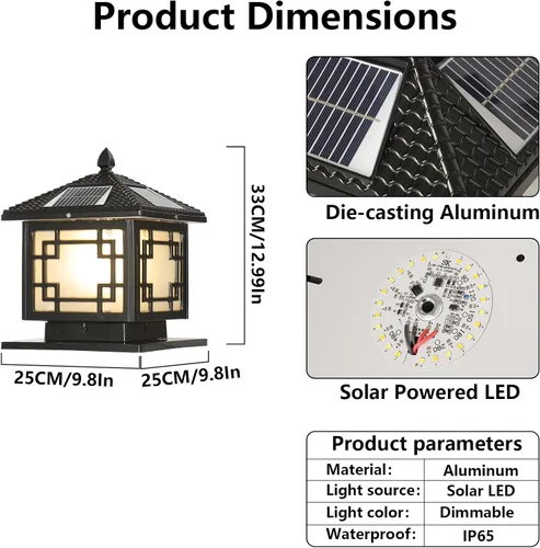 Miniatura 9 de SLAWA Farol de Iluminación Solar de 9.8 Pulgadas para Exteriores, Luz para Tapas de Postes con Lámpara de Columna LED Alimentada por Energía Solar