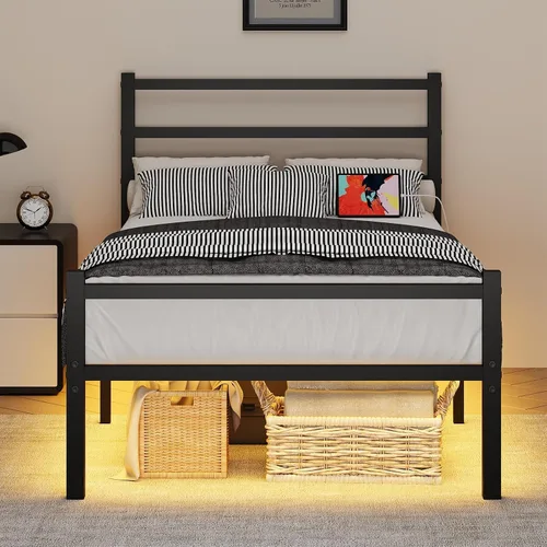 Miniatura 8 de REVOMINCA Marco de cama individual para niños, marco de cama de plataforma de metal tamaño individual con estación de carga y luces LED, marco