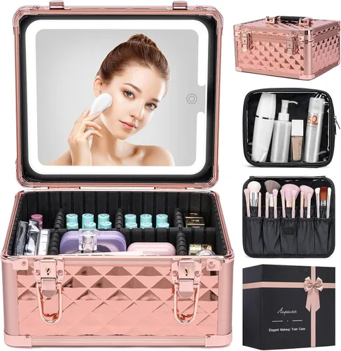 Miniatura 8 de Estuche de maquillaje con espejo LED, estuche rígido de viaje con espejo iluminado recargable y divisores ajustables, bolsa de almacenamiento