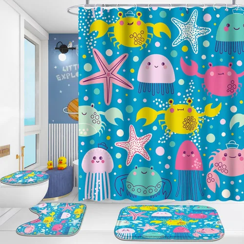 Miniatura 13 de Poedist Juego de 4 cortinas de ducha de baño, juego de baño para niños, juegos de cortinas de ducha espaciales con alfombras