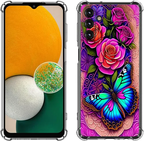 Samsung Galaxy A14 5G - Funda para teléfono celular, diseño de flores de mariposa azul, a prueba de golpes, TPU con bordes elevados, compatible con