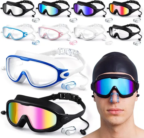 Kanayu 10 gafas de natación para adultos con tapones para los oídos, clip para la nariz, visión amplia, sin fugas, antiniebla, para adultos, hombres