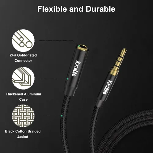 Miniatura 2 de Paquete de 2 cables de extensión de auriculares de 0.138 in de 4 pies, 4 polos TRRS cable de audio estéreo macho a hembra, trenzado de nailon