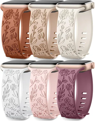 SNBLK Paquete de 6 correas florales grabadas compatibles con Apple Watch de 40mm 41mm 42mm 38mm 44mm 45mm 46mm 49mm, mujeres y hombres, correa de
