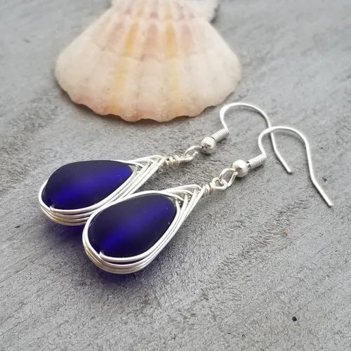 Miniatura 5 de Yinahawaii Handmade Sea Glass Earrings, Hawaiian Jewelry, Wire Braided Earrings Teardrop Earrings, Beach Jewelry Sea Glass Jewelry For Women Cobalt