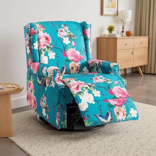 Miniatura 29 de Silla reclinable tapizada, sillón de ala floral con respaldo y reposapiés ajustables, cómoda silla decorativa para leer, sofá individual