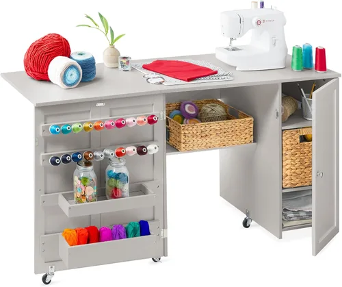 Miniatura 9 de Best Choice Products Mesa de costura plegable grande, estación de manualidades portátil multiusos y escritorio lateral con diseño compacto, ruedas