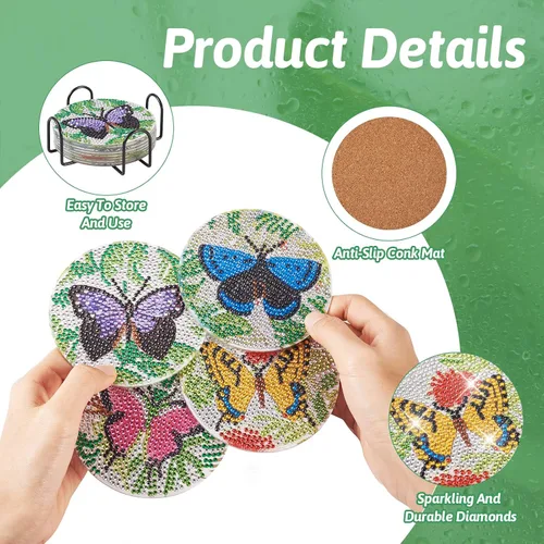 Miniatura 3 de 8 posavasos de pintura de diamante de mariposa 5D con almohadillas de corcho, diamantes de imitación de cristal, posavasos para manualidades