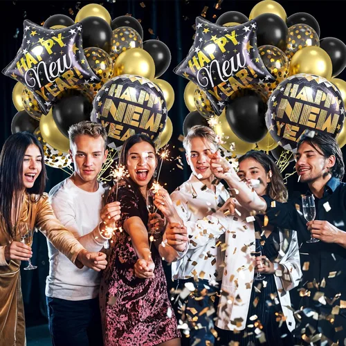 Miniatura 3 de Globos de Año Nuevo dorados, juego de decoraciones de Feliz Año Nuevo 2026, 50 globos de aluminio para fiesta de víspera de 12 pulgadas