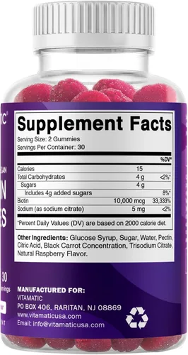 Miniatura 6 de Vitamatic Gomitas de Biotina 10,000 mcg para Cabello, Piel y Uñas Más Fuertes - 60 Gomitas Veganas - También Llamada Vitamina B7 (2 Frascos)