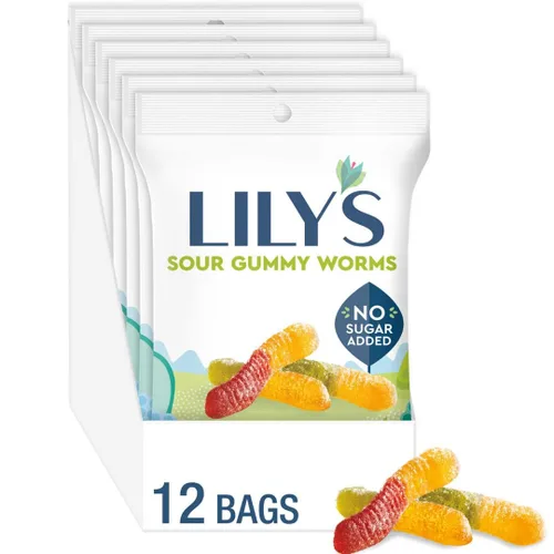 LILY'S Surtido de sabores de frutas sin azúcar añadido, bolsas de gusanos gomosos agrios, 1.8 oz (12 unidades)