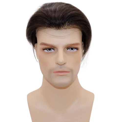 Miniatura 4 de Peluca de cabello humano europeo de repuesto para hombre, encaje suizo frontal, 0.003 in, piel fina, poliuretano, con bucle, 10 x 8 pulgadas