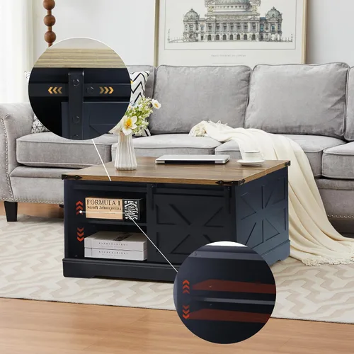 Miniatura 5 de Mesa auxiliar con tapa elevable, mesa de centro cuadrada de madera con puerta corrediza de granero y estante ajustable, mesa central rústica