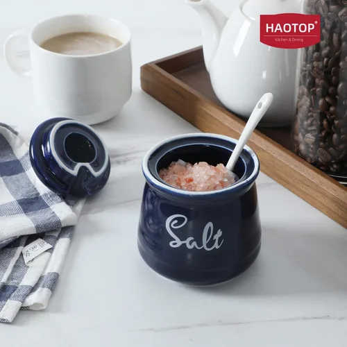 Miniatura 4 de Farmhouse - Sal de porcelana con tapa y cuchara, 12 onzas, fácil de limpiar (azul marino)
