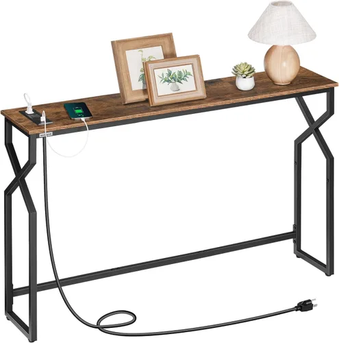 Miniatura 10 de MAHANCRIS Mesa de sofá de 44.9 pulgadas, mesa consola estrecha de 9.4 pulgadas con estación de carga, mesa de sofá detrás del sofá con Negro
