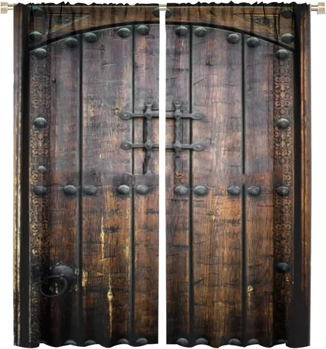 NC Cortina de puerta antigua vintage, puerta de madera rústica, exterior histórico, estructura medieval, oscurecimiento de habitación, cortina de