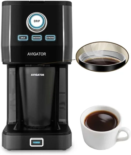 Cafetera de una sola porción con 11 oz. Taza de café de viaje de acero inoxidable, intensidad de preparación ajustable, filtro permanente, color
