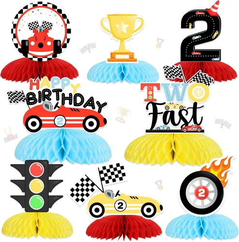 Fangleland 8 centros de mesa rápidos de panal de abeja, temática de auto de carreras retro, decoración de mesa 3D para fiesta de segundo cumpleaños,
