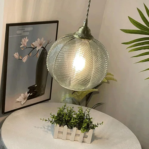 Miniatura 2 de Luces colgantes de cristal de cúpula vintage, lámpara colgante moderna de globo verde de mediados de siglo, cable ajustable de latón cepillado