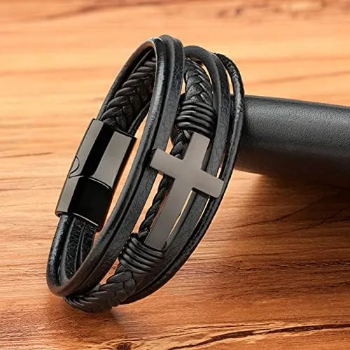 Miniatura 3 de ZNDIJE Stainless Steel Braided Leather Bracelet for Men Cuff Bangle Cross Magnetic Clasp