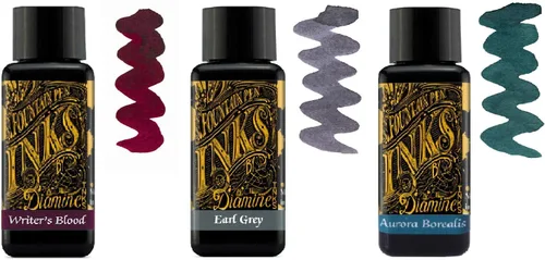 Diamine Tinta para pluma estilográfica, 1.0 fl oz, 3 botellas, Writer's Blood & Earl Grey y Aurora Borealis, Writer's Blood, Earl Grey, Aurora
