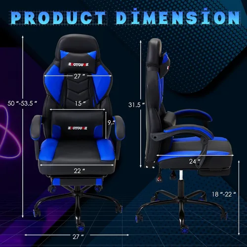 Miniatura 3 de ECOTOUGE Silla de juegos con reposapiés, silla grande y alta con soporte lumbar de masaje, silla ergonómica con respaldo alto reclinable, silla Azul