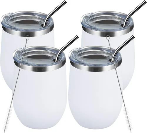 Miniatura 50 de MEWAY Vaso de vino sin tallo de 12 onzas con tapa, vaso de viaje de acero inoxidable con aislamiento de doble pared al vacío con popote, para Negro