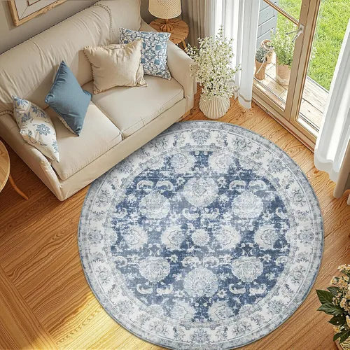 Miniatura 77 de Jinchan Fiora - Alfombra redonda de 8 pies, alfombras vintage con diseño floral envejecido, lavable a máquina, antideslizante, de pelo bajo, Azul