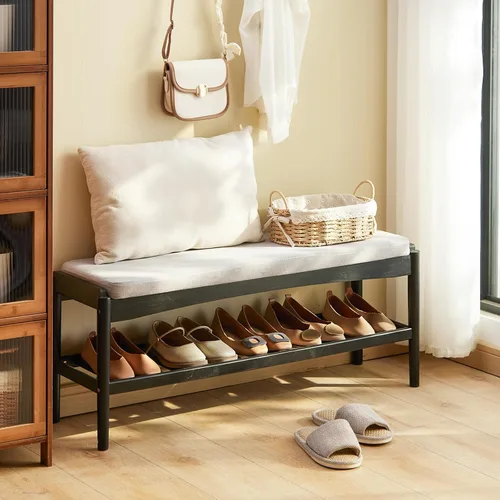 Miniatura 7 de Banco de zapatos de entrada de bambú de 2 niveles con cojín de asiento acolchado, banco de zapatos, organizador estable para entrada, pasillo, sala