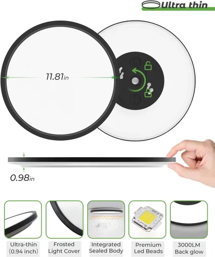 Miniatura 2 de zemty Lámpara de techo negra de 12 pulgadas, lámpara de techo LED de 28 W 3200 lm, 3 temperaturas de color en una lámpara de techo moderna de 3000