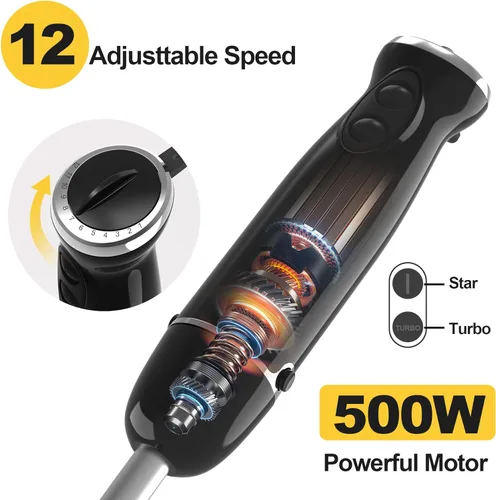 Miniatura 2 de Blackcow Batidora de inmersión de mano, batidora de mano eléctrica de 500 W, batidora de mano eléctrica con 12 velocidades y turbo, licuadora