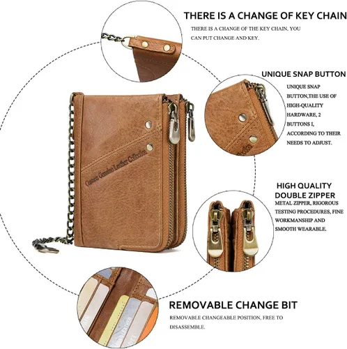 Miniatura 7 de Contacts RFID - Monedero con doble cremallera para hombre (piel, con cadena antirrobo), Marrón, talla única