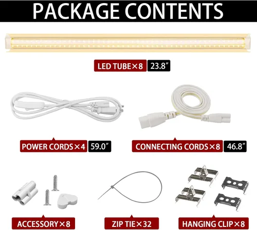 Miniatura 8 de Paquete de 8 luces LED de crecimiento, luces de crecimiento T8 de 2 pies, tiras de luz de crecimiento de espectro completo de 192 W (8 x 24 W)