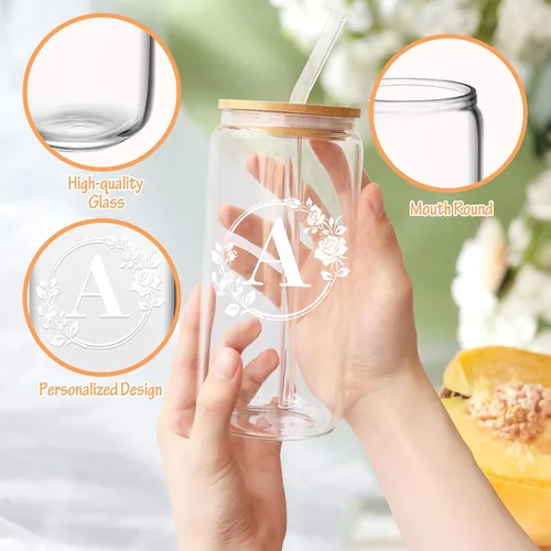 Miniatura 4 de Regalos de cumpleaños para mujeres, taza de vidrio personalizada con monograma de iniciales para mujeres, tazas de vidrio de 16oz con tapas