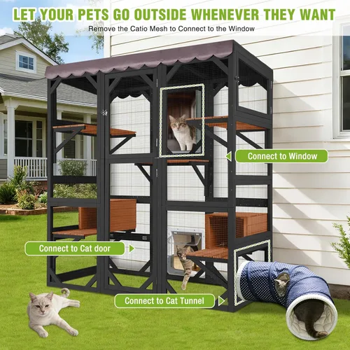 Miniatura 2 de GUTINNEEN Catio - Recinto grande de madera para gatos de 70 pulgadas, jaula para gatos con 7 plataformas, 2 cajas de descanso, cubierta impermeable