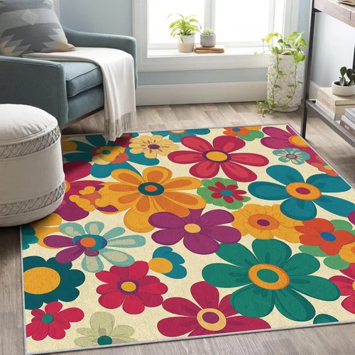 Miniatura 3 de Alfombra retro floral de 2 x 3 pulgadas, lavable de los años 60 y 70, alfombras hippie para entrada, dormitorio, cocina, alfombra de área de flores