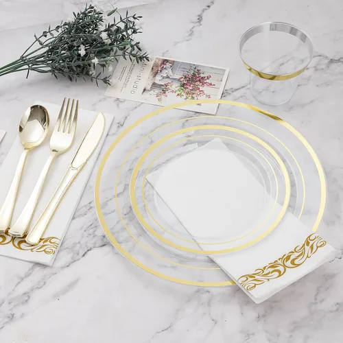 Miniatura 2 de BESTVIP Juego de vajilla desechable de 350 piezas de oro transparente para 50 invitados, platos de plástico para fiestas, bodas, Navidad, incluye