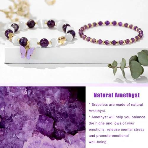 Miniatura 6 de GolbalJew Pulsera de amatista para mujer, pulseras de cuentas de amatista para la ansiedad, dijes de mariposa, piedra curativa en capas, regalos