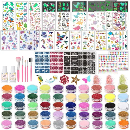 TEUVO Kit de tatuaje con purpurina para niños con 50 colores, 177 plantillas, 25 calcomanías de patrones mixtos (colores/luminosos), 2 calcomanías