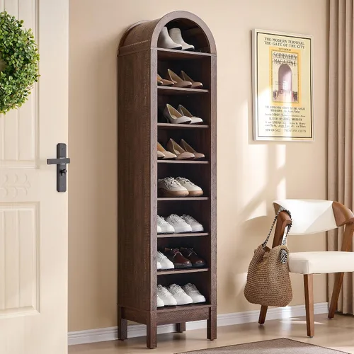 Miniatura 13 de IFGET Armario de almacenamiento de zapatos arqueado de 67 pulgadas de alto, 8 niveles y 8 pares de zapateros de madera con 3 estantes ajustables