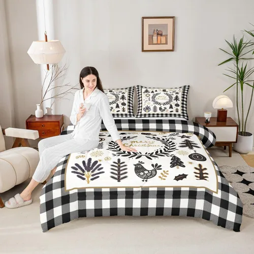 Miniatura 27 de Juego de edredón de Feliz Navidad para niños, tamaño twin, juego de ropa de cama de camión rojo árboles de pino copos de nieve, decoración