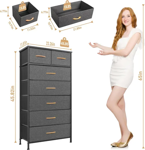 Miniatura 3 de Mifuro - Cómoda alta para dormitorio, torre organizadora de almacenamiento vertical con 7 cajones, cómoda con contenedores de tela, marco de acero