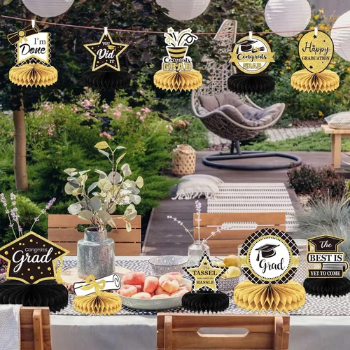 Miniatura 6 de 10 piezas de decoraciones de fiesta de graduación 2026 Felicidades graduados de panal de abeja centros de mesa de felicitaciones para fiesta