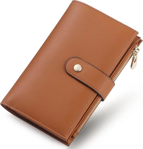 Miniatura 23 de yiijay Cartera para mujer con bloqueo RFID, de cuero vegano, triple pliegue, tarjetero para tarjetas de crédito, cartera de viaje con soporte