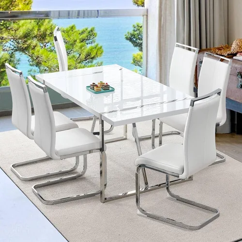 Miniatura 34 de Mesa de comedor Ebullient para 4, mesa de comedor rectangular negra de MDF, tapa de mesa de cena de mármol falso, mesa de comedor moderna con marco