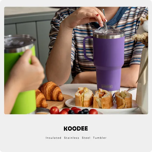 Miniatura 6 de koodee Vaso de 30 onzas con tapa y pajilla, acero inoxidable con aislamiento de doble pared, vaso de viaje para agua y agua con asa (morado)