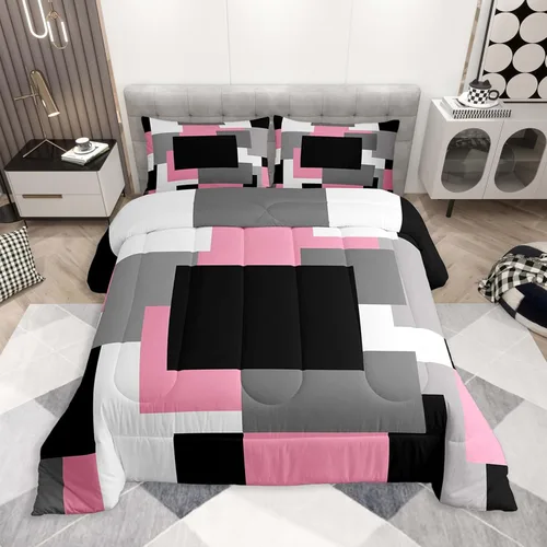 Miniatura 48 de jejeloiu Juego de edredón geométrico para niños, tamaño individual, diseño de rayas de color negro, blanco y gris, juego de ropa de cama decorativo